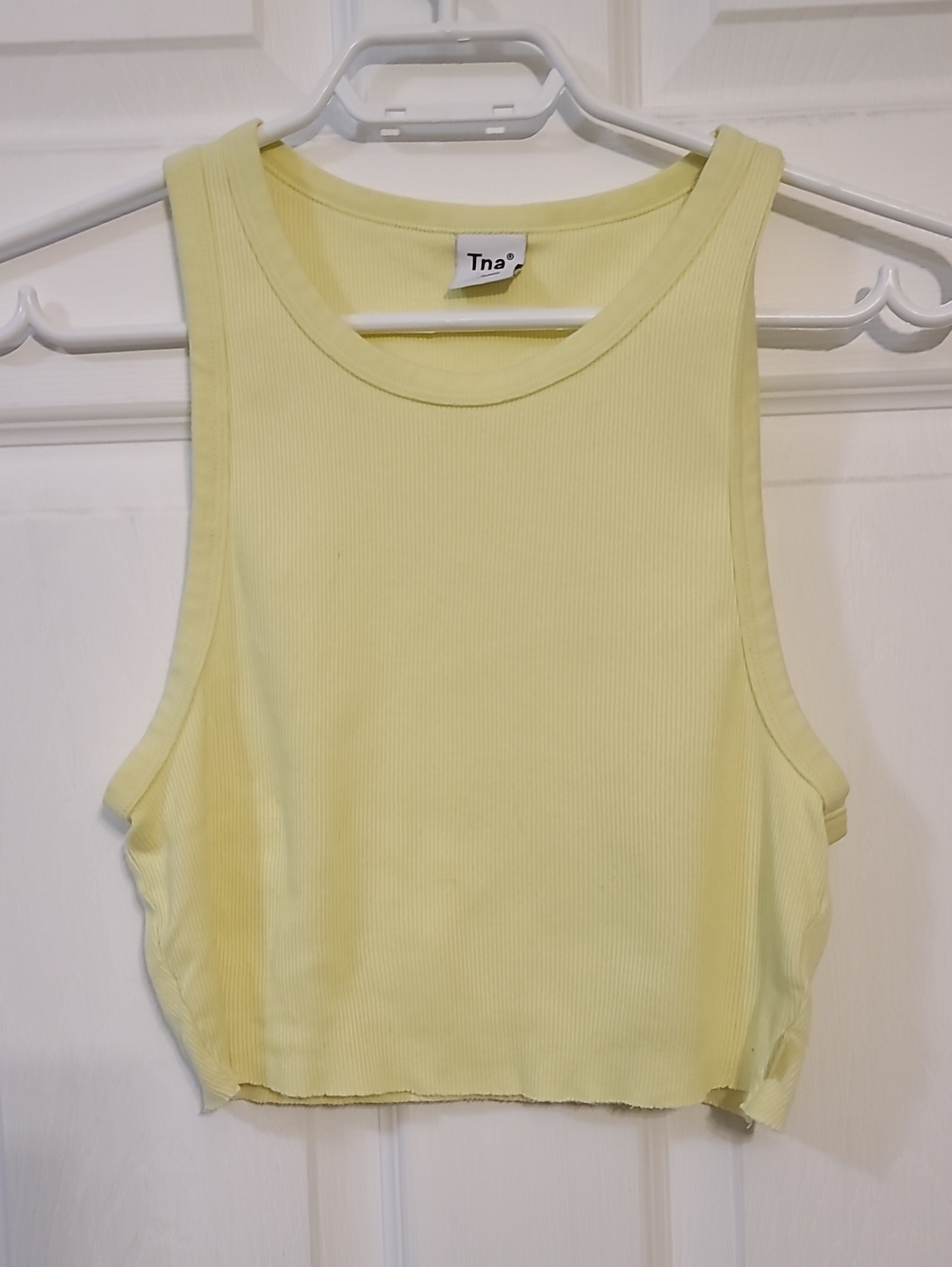 TNA Pale Pastel Yellow Ribbed Crew Neck Cropped Tank 100% Cotton